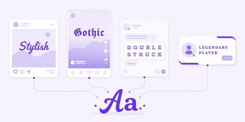 Fancy fonts styles displayed across social media and gaming preview cards